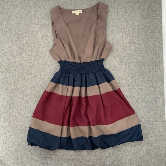 Double Zero Fit & Flare Dress Colorblock Blue Red‎ Tan Large Junior Scoop Neck - Picture 1 of 12
